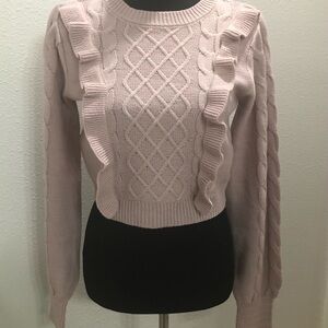 And Now This Cable Knit Ruffled Cropped Long Sleeve Sweater, Lavender/Mauve, Med